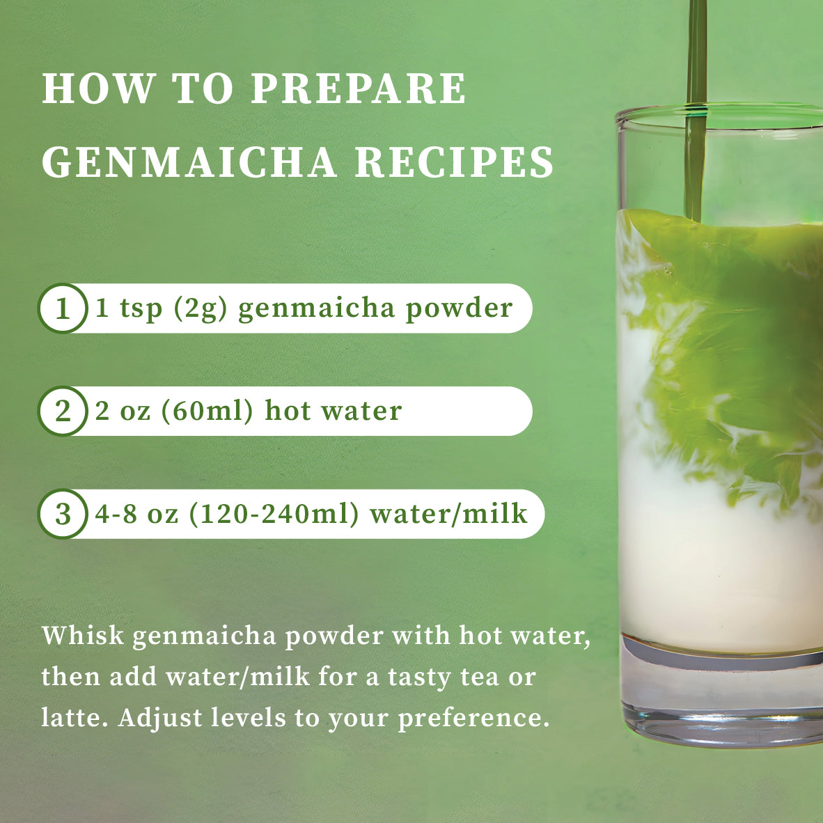 How to prepare Genmaicha in three steps: 1 tsp (2g) of powder, 60ml of hot water, then 120-240ml of water or milk, shown with the drink being poured.