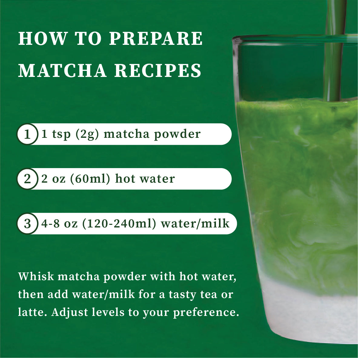 How to prepare Premium Matcha in three steps: 1 tsp (2g) of powder, 60ml of hot water, then 120-240ml of water or milk, shown with the drink being poured.