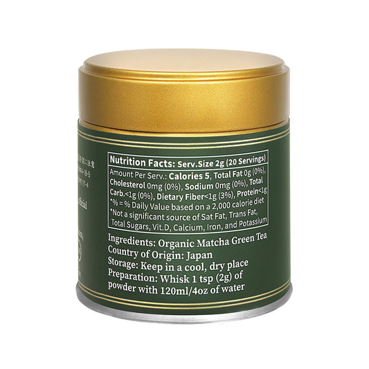 Back of the green Premium Matcha tin showing the nutrition facts, ingredients and preparation steps on a white background.