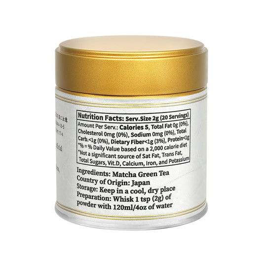 Back of the white and gold Uji Ceremonial Matcha tin showing the nutrition facts, ingredients and preparation steps on a white background.