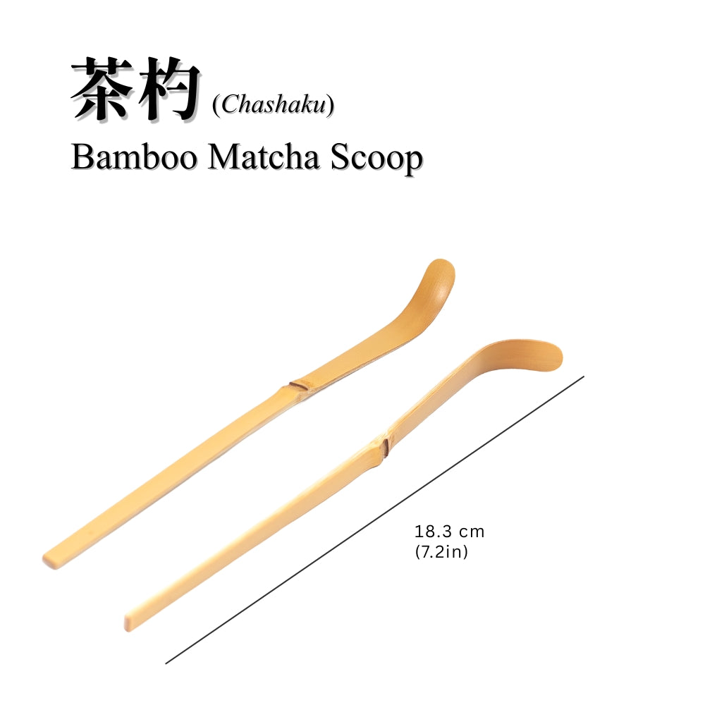 Bamboo matcha scoop laid both flat on its back and on its side. Has a length of 18.3 cm or 7.2 inches.