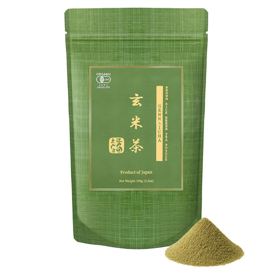 Genmaicha powder in a green resealable stand-up pouch, shown with a small pile of the powder on a white background.