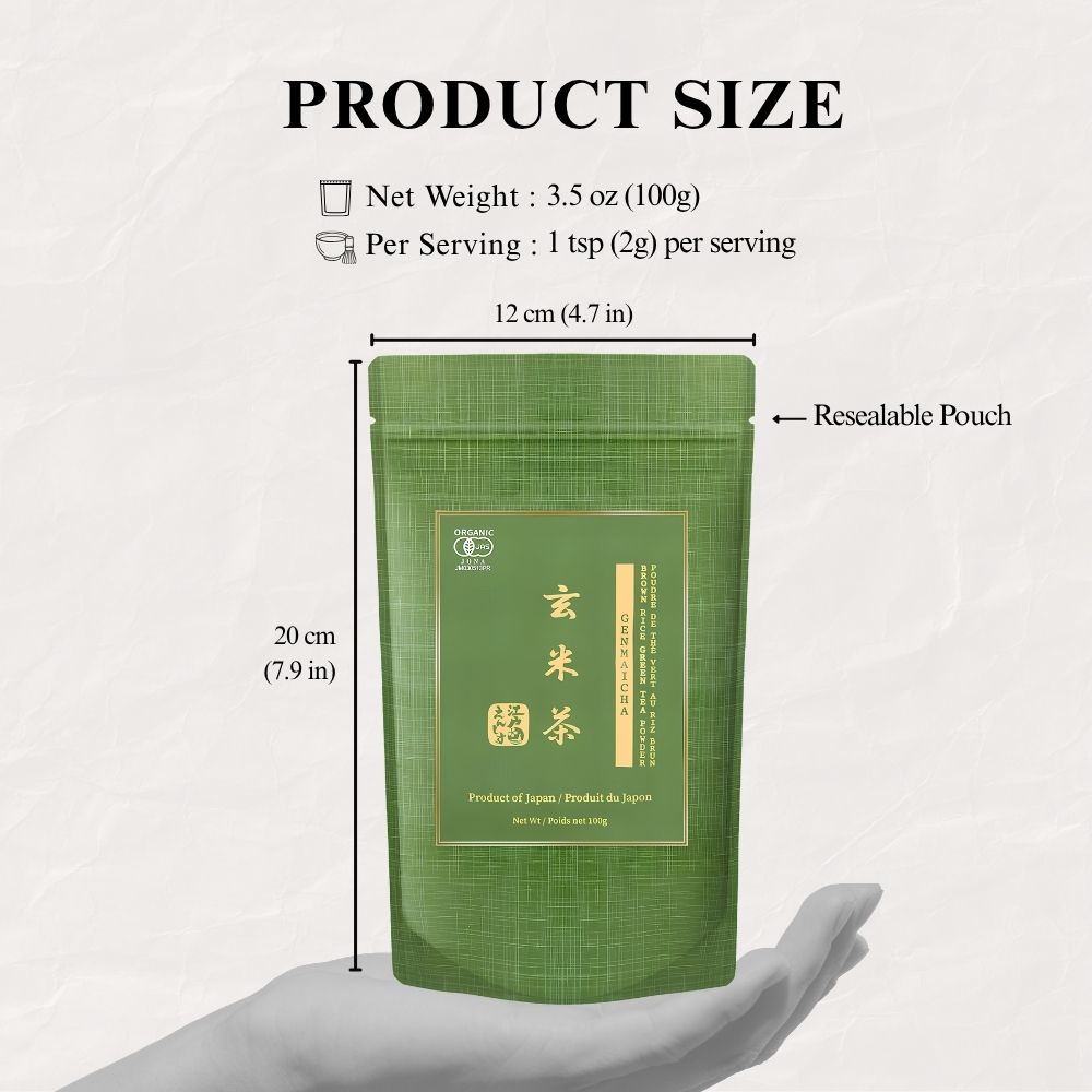 Product size guide for the Genmaicha pouch held in a hand, marked 12 cm wide and 20 cm tall, 100g net weight and 1 tsp (2g) per serving, labelled resealable pouch.