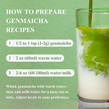 How to prepare Genmaicha in three steps: 1-2g of powder, 60ml of warm water, then 60-180ml of water or milk, shown with the drink being poured.