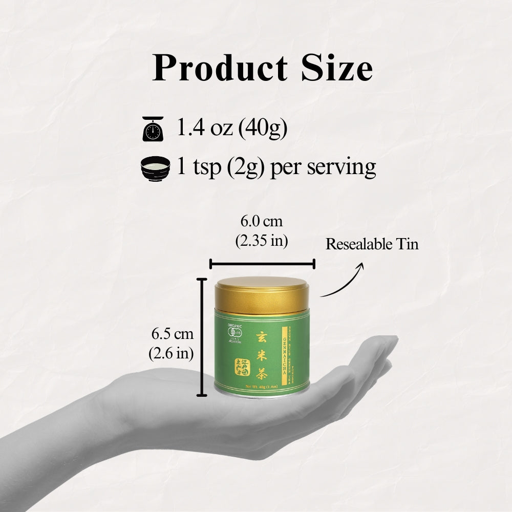 Product size guide for the Genmaicha tin held in a hand, marked 6.0 cm wide and 6.5 cm tall, 40g net weight and 1 tsp (2g) per serving, labelled resealable tin.