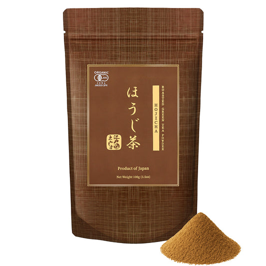 Hojicha powder in a brown resealable stand-up pouch, shown with a small pile of the powder on a white background.