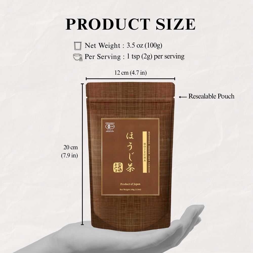 Product size guide for the Hojicha pouch held in a hand, marked 12 cm wide and 20 cm tall, 100g net weight and 1 tsp (2g) per serving, labelled resealable pouch.