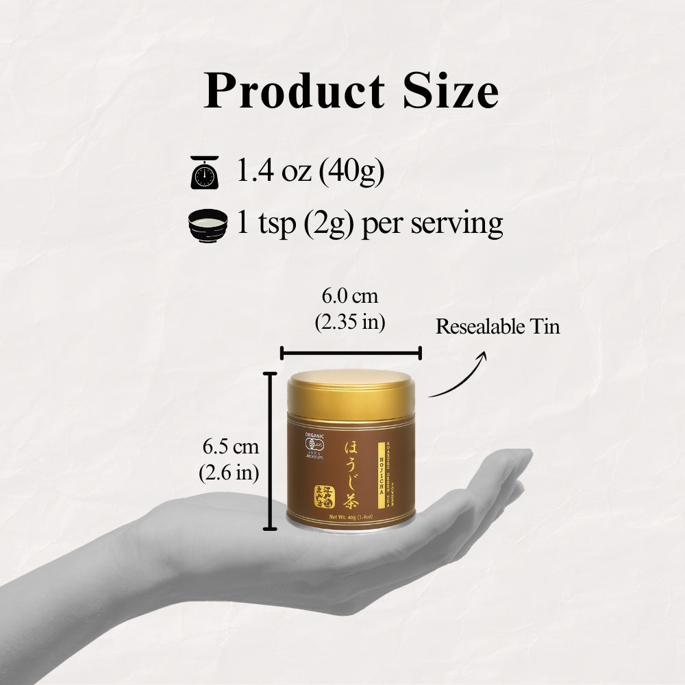 Product size guide for the Hojicha tin held in a hand, marked 6.0 cm wide and 6.5 cm tall, 40g net weight and 1 tsp (2g) per serving, labelled resealable tin.