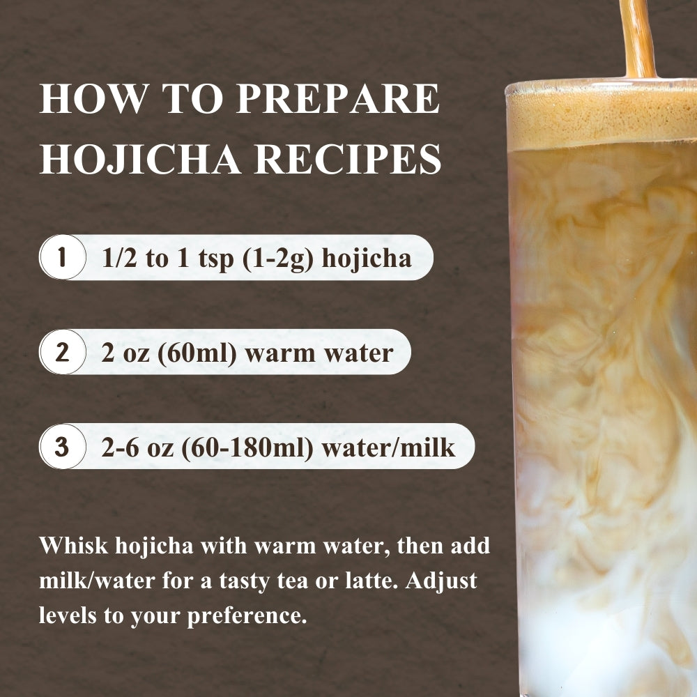 How to prepare Hojicha in three steps: 1-2g of powder, 60ml of warm water, then 60-180ml of water or milk, shown with the drink being poured.