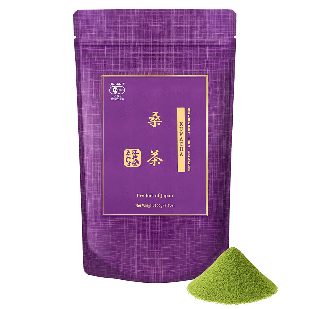 Kuwacha mulberry leaf tea powder in a purple resealable stand-up pouch, shown with a small pile of the powder on a white background.