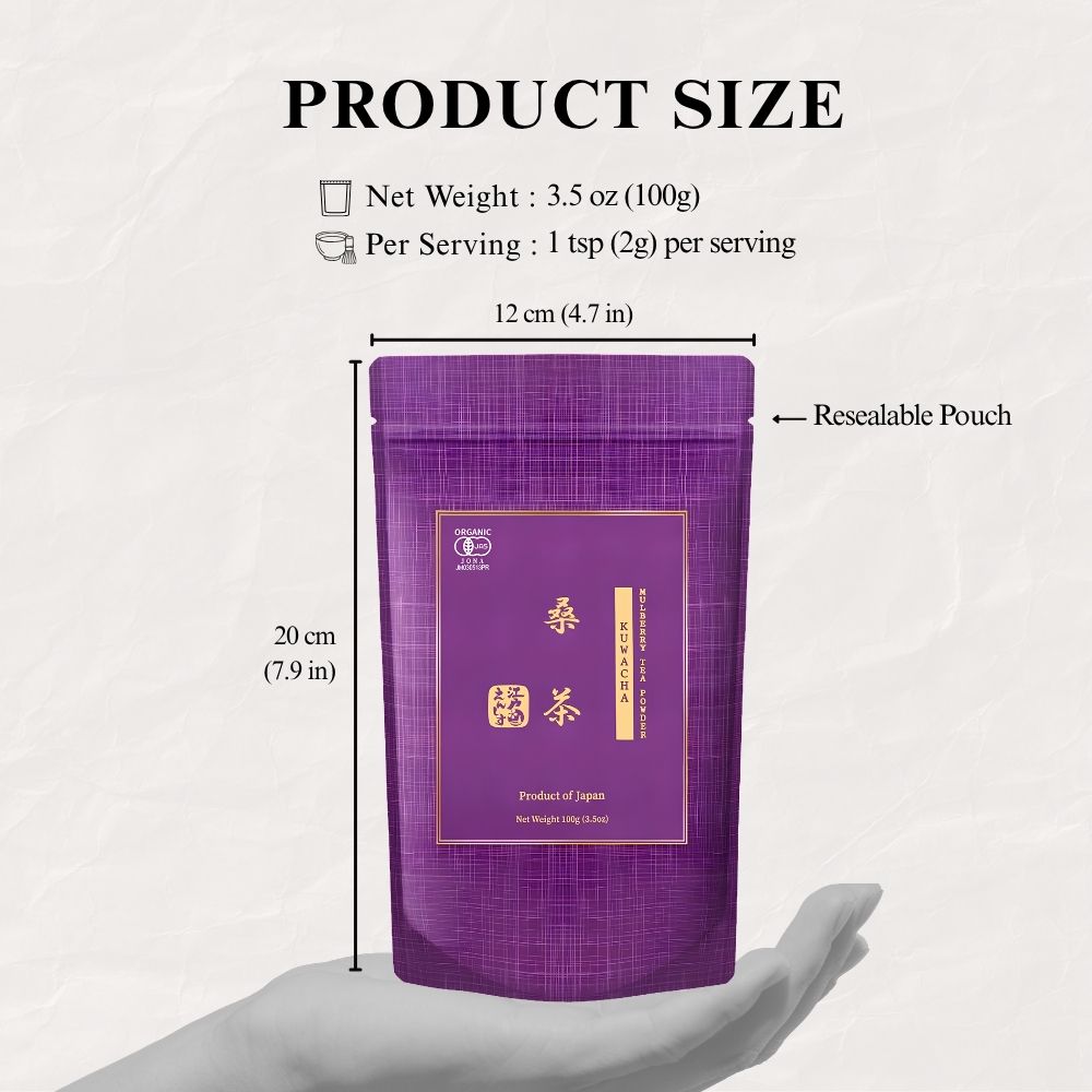 Product size guide for the Kuwacha mulberry leaf tea pouch held in a hand, marked 12 cm wide and 20 cm tall, 100g net weight and 1 tsp (2g) per serving, labelled resealable pouch.