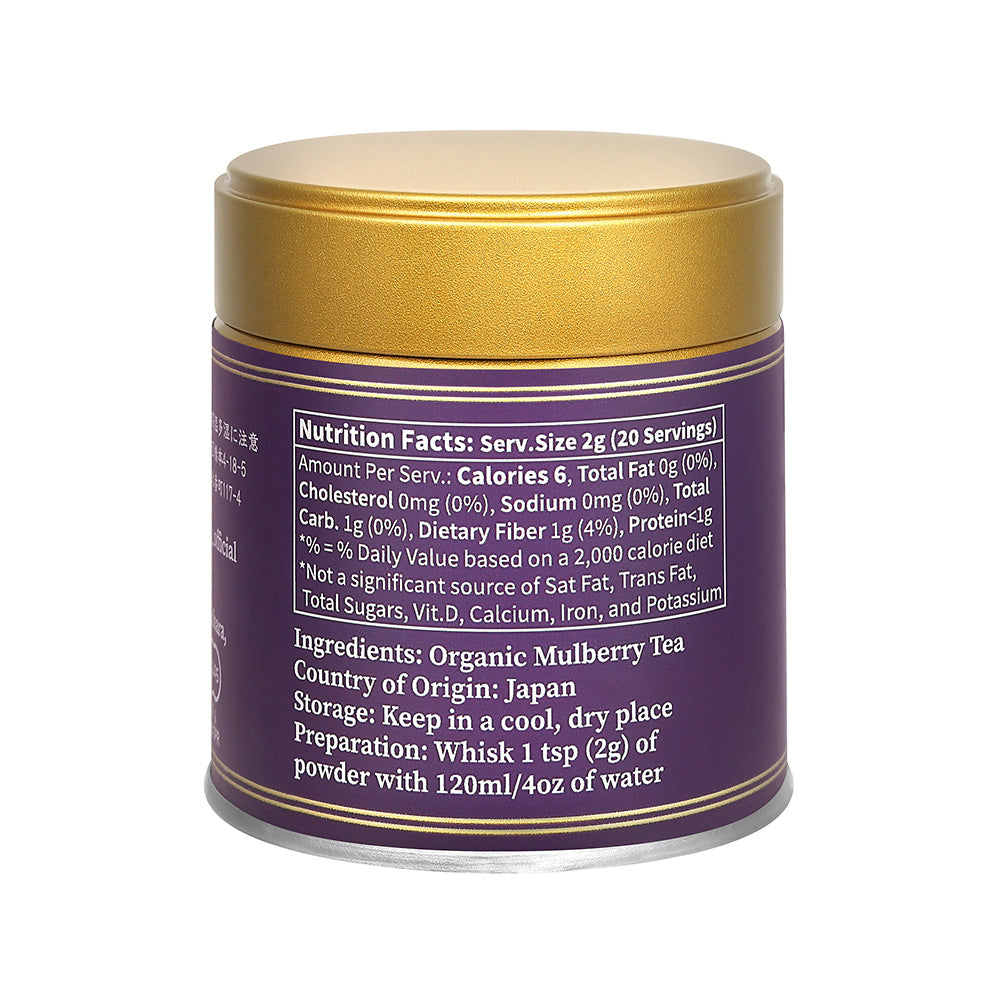 Back of the purple Kuwacha mulberry leaf tea tin showing the nutrition facts, ingredients and preparation steps on a white background.