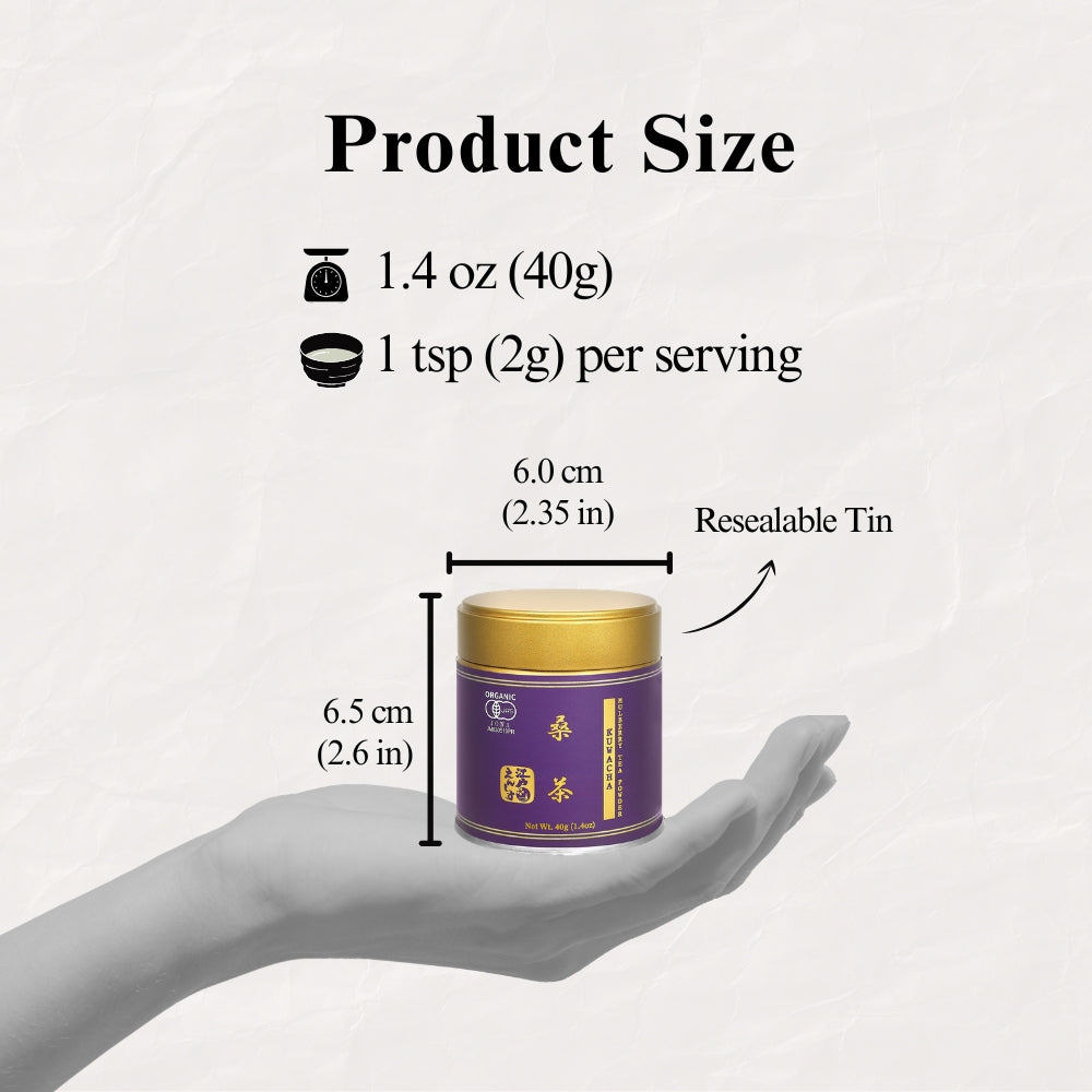 Product size guide for the Kuwacha mulberry leaf tea tin held in a hand, marked 6.0 cm wide and 6.5 cm tall, 40g net weight and 1 tsp (2g) per serving, labelled resealable tin.