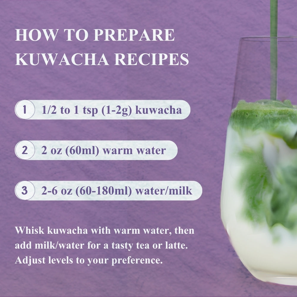 How to prepare Kuwacha mulberry leaf tea in three steps: 1-2g of powder, 60ml of warm water, then 60-180ml of water or milk, shown with the drink being poured.