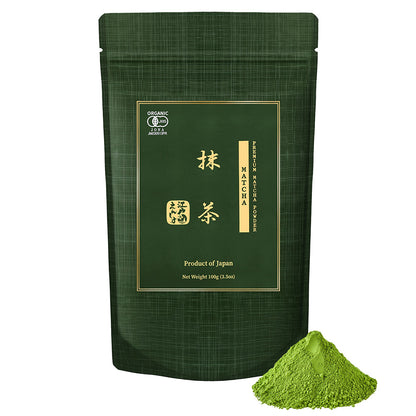 Premium Matcha powder in a green resealable stand-up pouch, shown with a small pile of the powder on a white background.