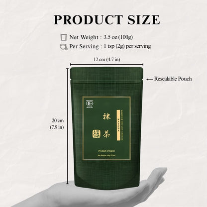 Product size guide for the Premium Matcha pouch held in a hand, marked 12 cm wide and 20 cm tall, 100g net weight and 1 tsp (2g) per serving, labelled resealable pouch.