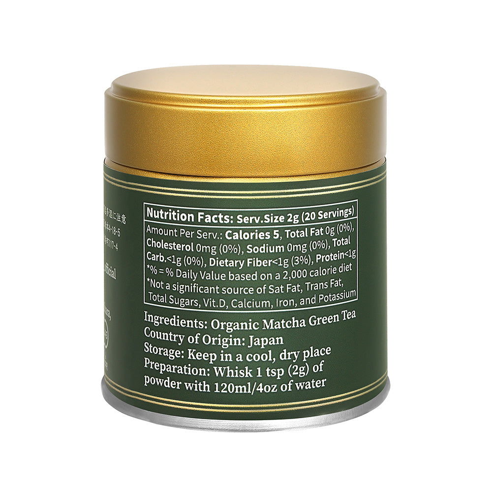 Back of the green Premium Matcha tin showing the nutrition facts, ingredients and preparation steps on a white background.