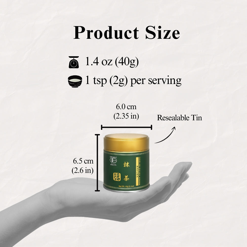 Product size guide for the Premium Matcha tin held in a hand, marked 6.0 cm wide and 6.5 cm tall, 40g net weight and 1 tsp (2g) per serving, labelled resealable tin.