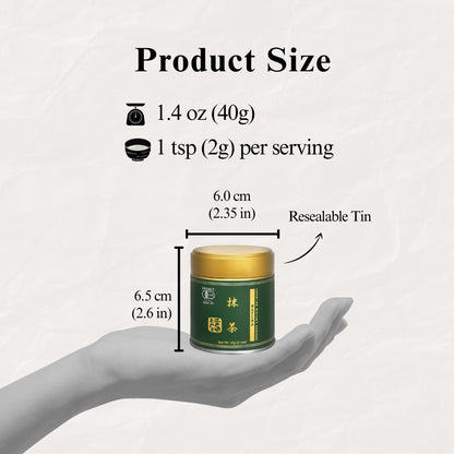 Product size guide for the Premium Matcha tin held in a hand, marked 6.0 cm wide and 6.5 cm tall, 40g net weight and 1 tsp (2g) per serving, labelled resealable tin.