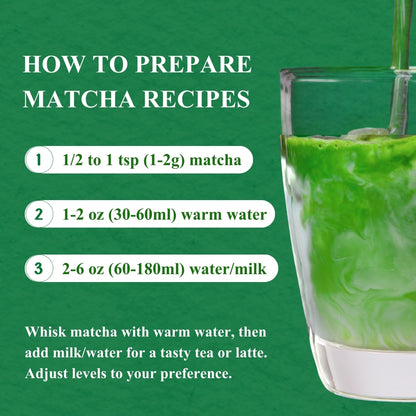How to prepare Premium Matcha in three steps: 1-2g of powder, 60ml of warm water, then 60-180ml of water or milk, shown with the drink being poured.