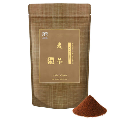 Mugicha barley tea powder in a brown resealable stand-up pouch, shown with a small pile of the powder on a white background.
