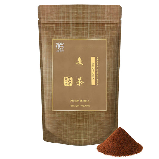 Mugicha barley tea powder in a brown resealable stand-up pouch, shown with a small pile of the powder on a white background.