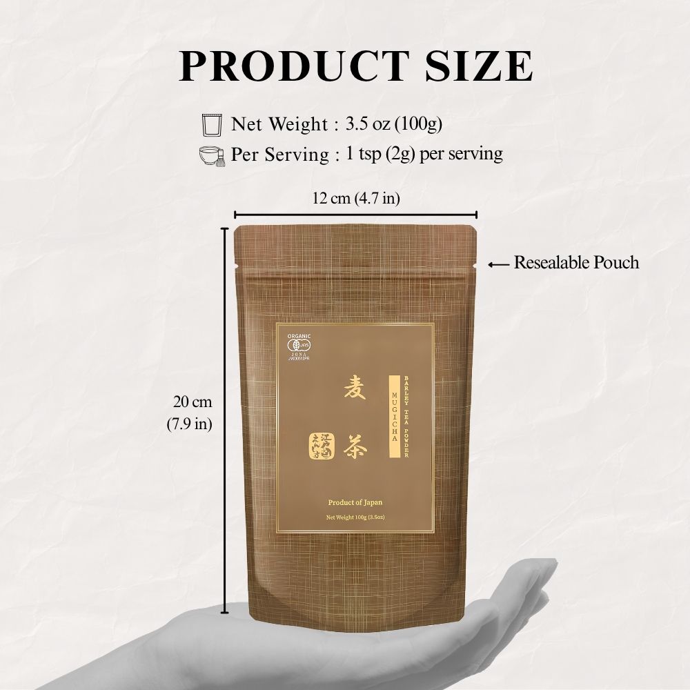 Product size guide for the Mugicha barley tea pouch held in a hand, marked 12 cm wide and 20 cm tall, 100g net weight and 1 tsp (2g) per serving, labelled resealable pouch.