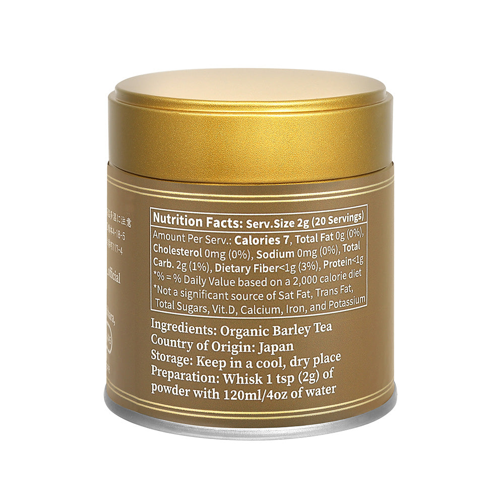 Back of the brown Mugicha barley tea tin showing the nutrition facts, ingredients and preparation steps on a white background.