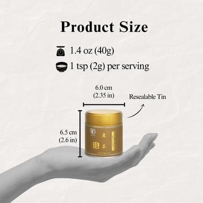 Product size guide for the Mugicha barley tea tin held in a hand, marked 6.0 cm wide and 6.5 cm tall, 40g net weight and 1 tsp (2g) per serving, labelled resealable tin.