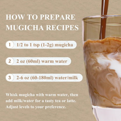 How to prepare Mugicha barley tea in three steps: 1-2g of powder, 60ml of warm water, then 60-180ml of water or milk, shown with the drink being poured.