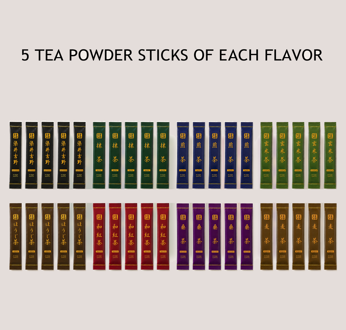 Forty tea powder sticks arranged in eight colour-coded rows of five, text '5 tea powder sticks of each flavor', covering Somei-Yoshino, Matcha, Sencha, Genmaicha, Hojicha, Wakocha, Kuwacha and Mugicha.