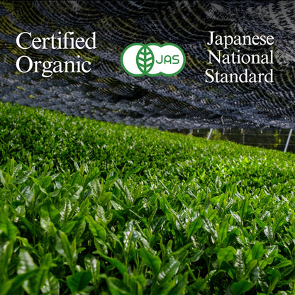 Shaded tea field under black netting with the JAS mark, text 'Certified Organic' and 'Japanese National Standard'.