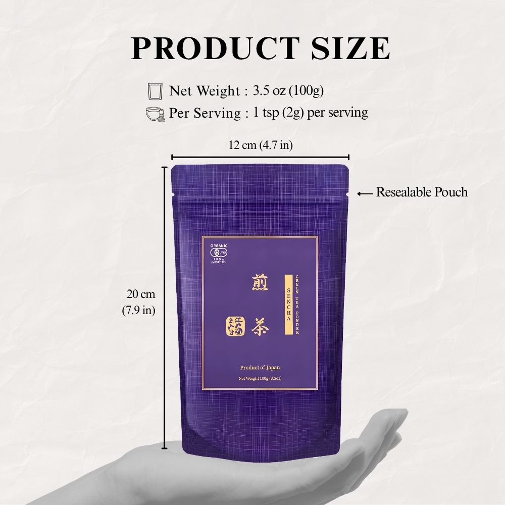 Product size guide for the Sencha pouch held in a hand, marked 12 cm wide and 20 cm tall, 100g net weight and 1 tsp (2g) per serving, labelled resealable pouch.