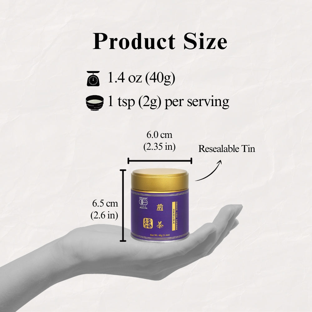 Product size guide for the Sencha tin held in a hand, marked 6.0 cm wide and 6.5 cm tall, 40g net weight and 1 tsp (2g) per serving, labelled resealable tin.
