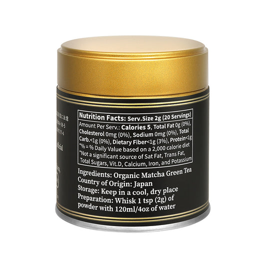 Back of the black and gold Somei-Yoshino Ceremonial Matcha tin showing the nutrition facts, ingredients and preparation steps on a white background.