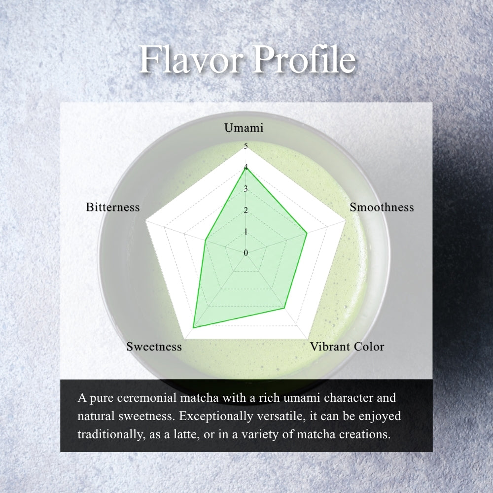 Somei-Yoshino Ceremonial Matcha flavor profile radar chart rating umami, smoothness, vibrant colour, sweetness and bitterness, with prepared drinks in the background.