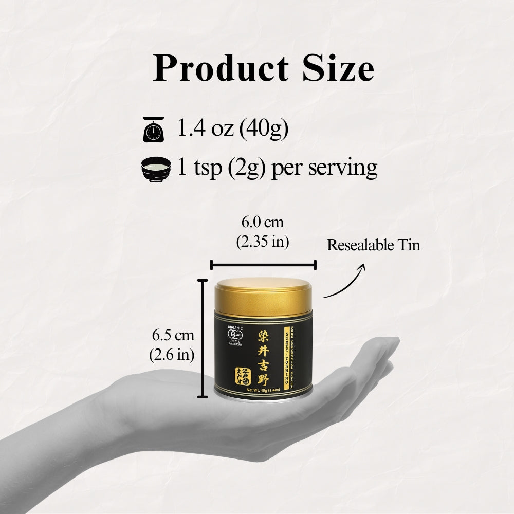 Product size guide for the Somei-Yoshino Ceremonial Matcha tin held in a hand, marked 6.0 cm wide and 6.5 cm tall, 40g net weight and 1 tsp (2g) per serving, labelled resealable tin.