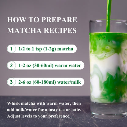 How to prepare Somei-Yoshino Ceremonial Matcha in three steps: 1-2g of powder, 60ml of warm water, then 60-180ml of water or milk, shown with the drink being poured.