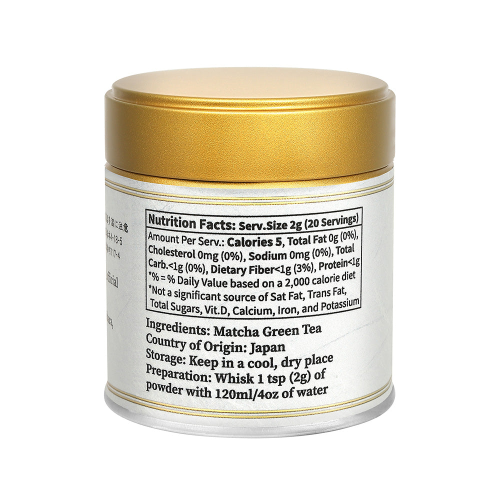 Back of the white and gold Uji Ceremonial Matcha tin showing the nutrition facts, ingredients and preparation steps on a white background.
