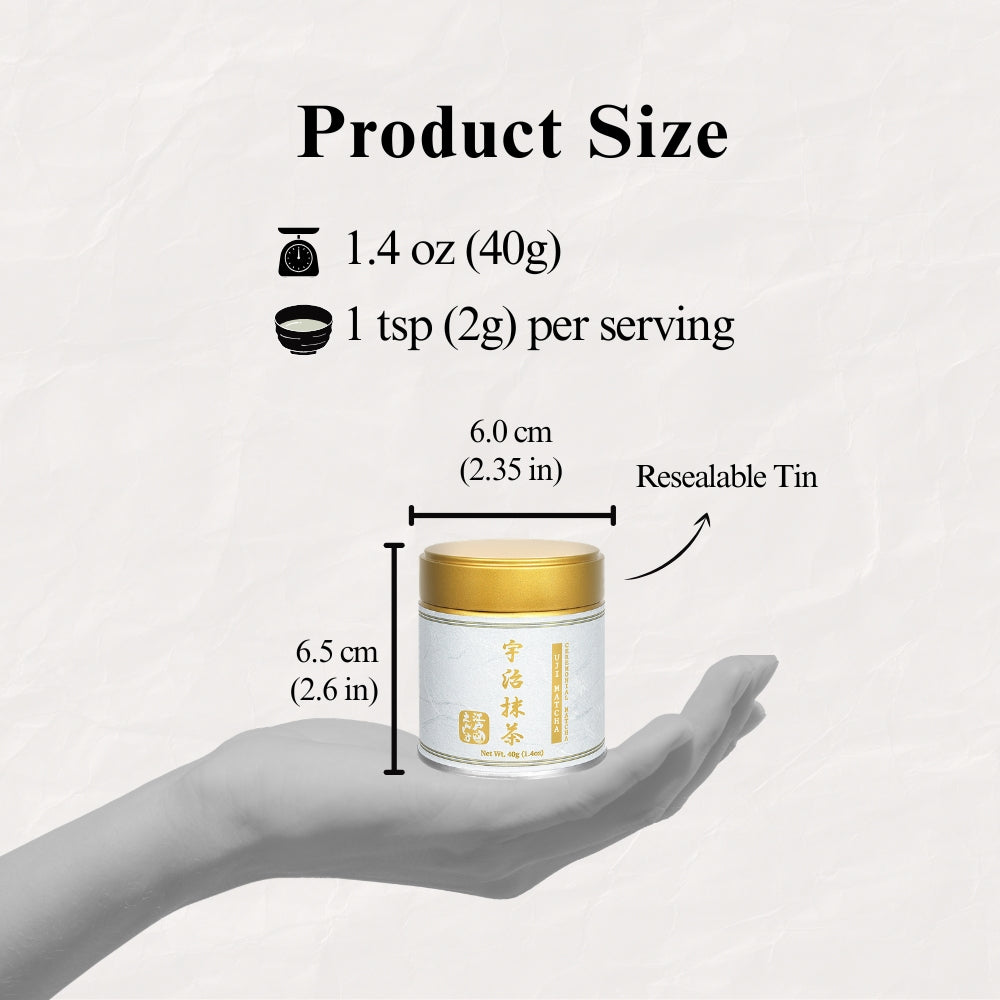Product size guide for the Uji Ceremonial Matcha tin held in a hand, marked 6.0 cm wide and 6.5 cm tall, 40g net weight and 1 tsp (2g) per serving, labelled resealable tin.