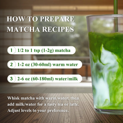 How to prepare Uji Ceremonial Matcha in three steps: 1-2g of powder, 60ml of warm water, then 60-180ml of water or milk, shown with the drink being poured.