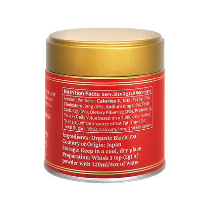Back of the red Wakocha Japanese black tea tin showing the nutrition facts, ingredients and preparation steps on a white background.