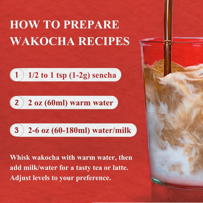 How to prepare Wakocha Japanese black tea in three steps: 1-2g of powder, 60ml of warm water, then 60-180ml of water or milk, shown with the drink being poured.